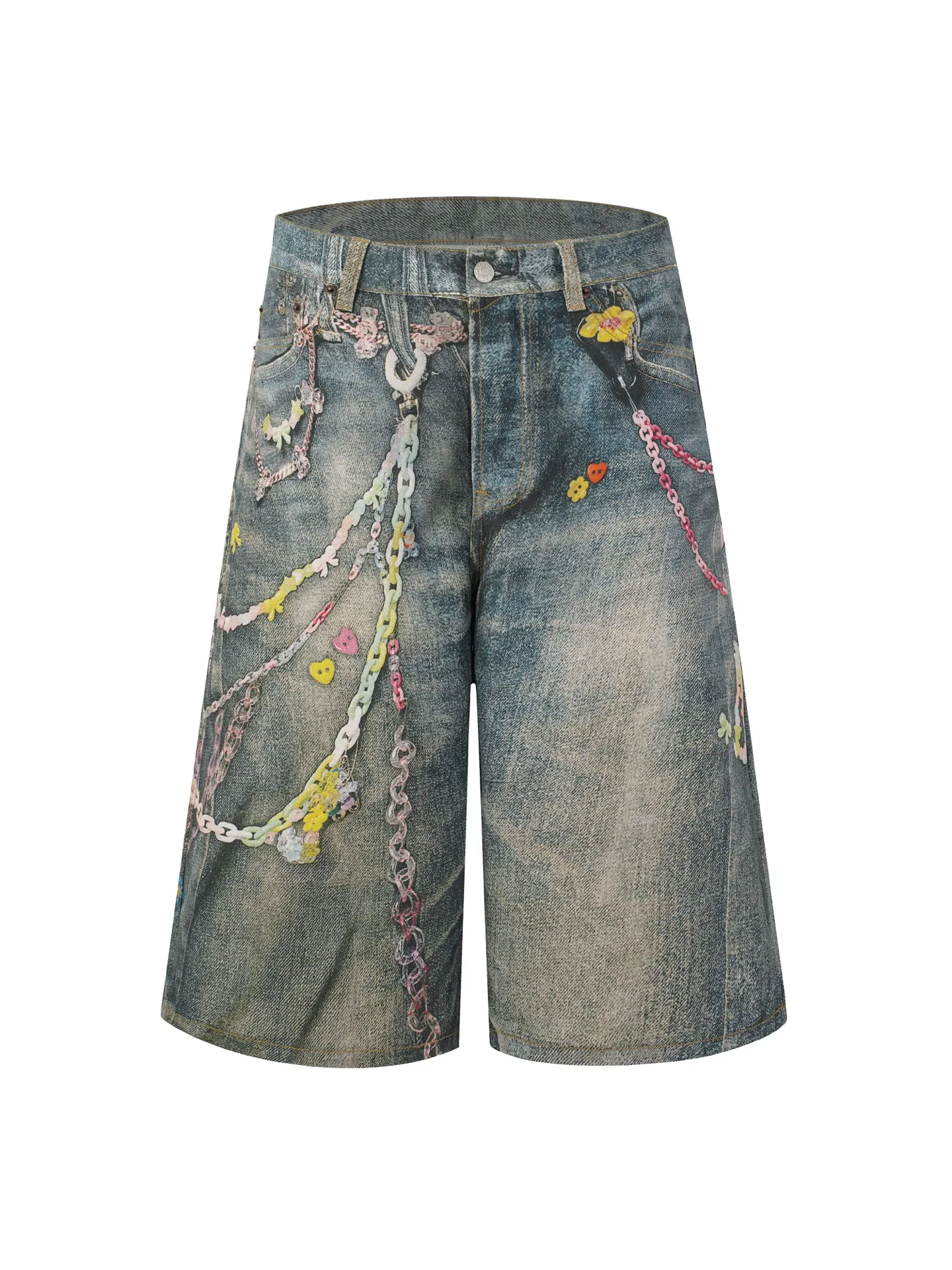 185 Acne Studios 3D printed candy 🍬denim shorts Series Acne Studios 25ss Another ingenious masterpiece, it continues the basis of the previous craftsmanship and the color matching is even more macaron 3D digitally printed cropped pants tailoring design original hardware civilian version development color matching loose version men's and women's Same Style chain shorts easy Versatile Size: S-XL